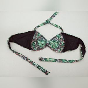 Athleta Bikini Top Halter Neck Underwire Navy Aqua Floral Print Size 32D/DD